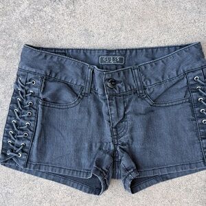 Y2K GUESS Women's Lace- Up Charcoal Faded Jean Shorts